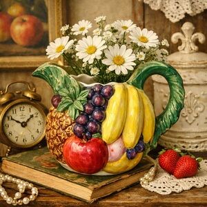 Vintage Fitz & Floyd Calypso Fruit Pitcher 88 Ceramic Banana Grape Pineapple